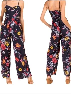 Band Of Gypsies Floral Black Wide-Leg Spaghetti Strap Jumpsuit